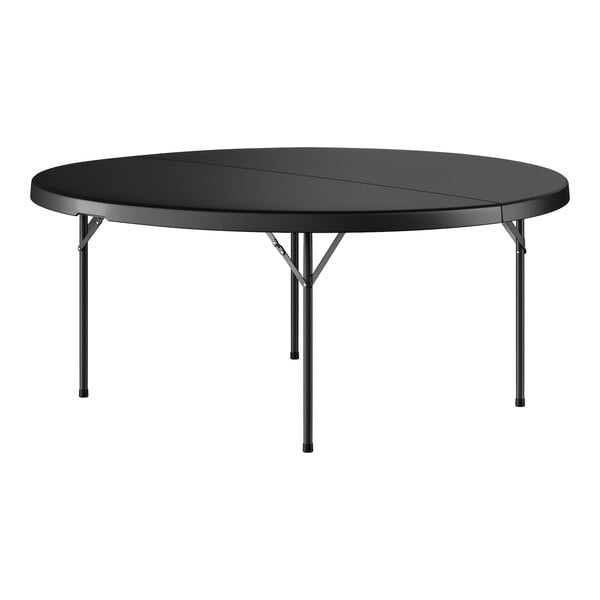 A large round black folding table with black metal legs.