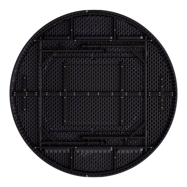 A round black heavy-duty blow molded plastic folding table with black legs, shown from the underside.