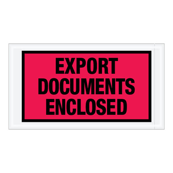 A red Lavex export documents enclosed envelope with a black sign and pink border.