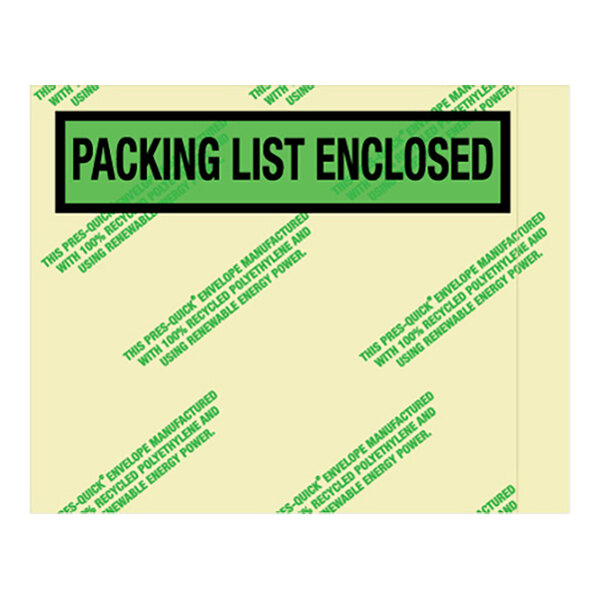 A green envelope with a green and yellow label that says "Packing List Enclosed"