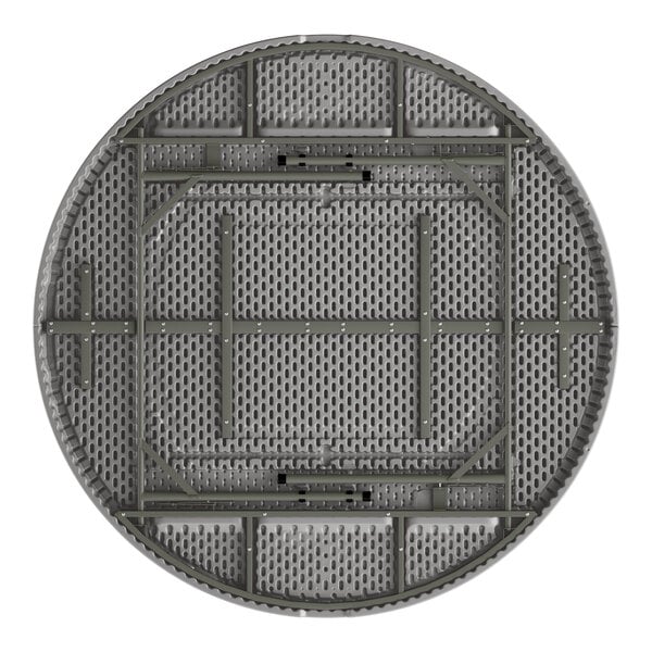 A round gray heavy-duty blow molded plastic folding table with gray legs, shown from the underside.