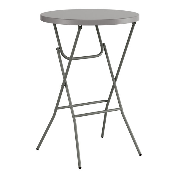 A round gray bar height folding table with metal legs.