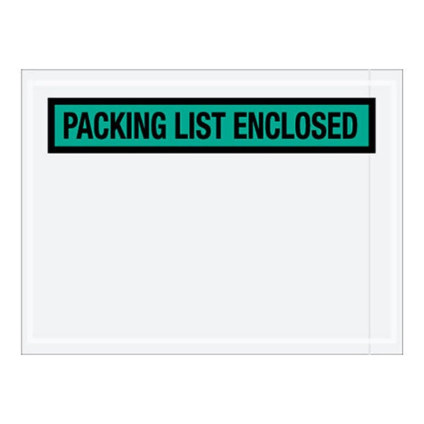 A white envelope with a green rectangular label with black text reading "Packing List Enclosed"