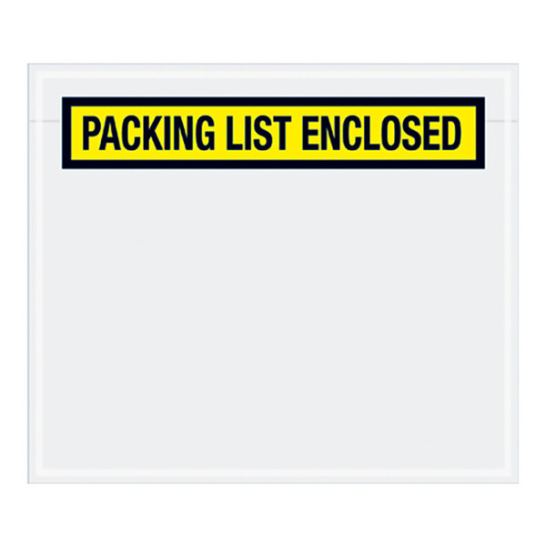 A white rectangular envelope with a yellow panel and black lettering that reads "Packing List Enclosed"