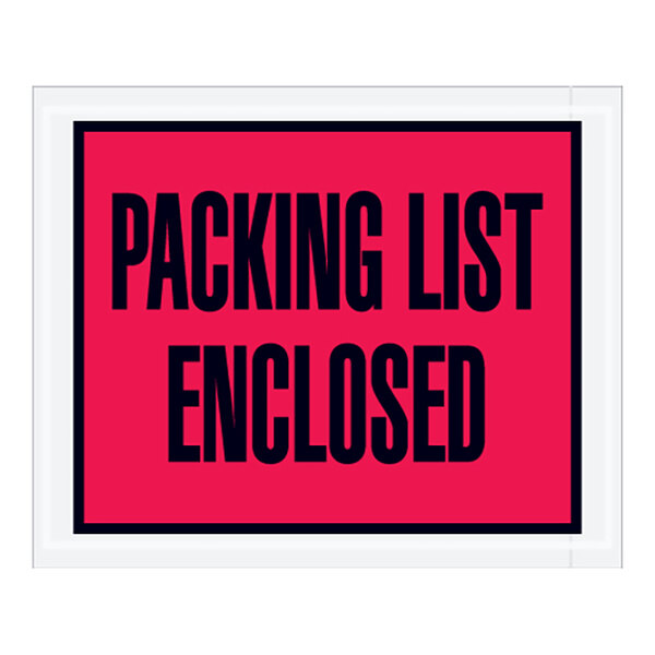 A pink sign with black text that says "Packing List Enclosed"
