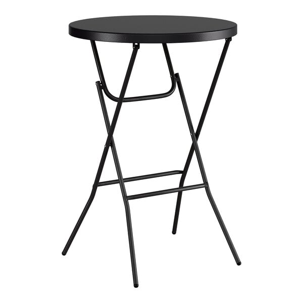 A round black bar height folding table with black metal legs.