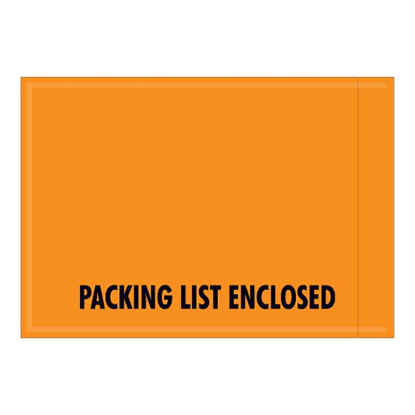 An orange rectangular Lavex packing list envelope with black text.