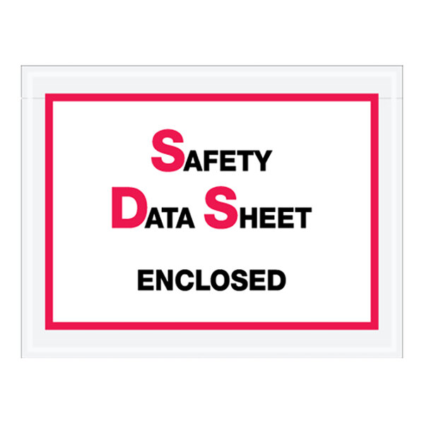 A red and black safety data sheet envelope with white text.