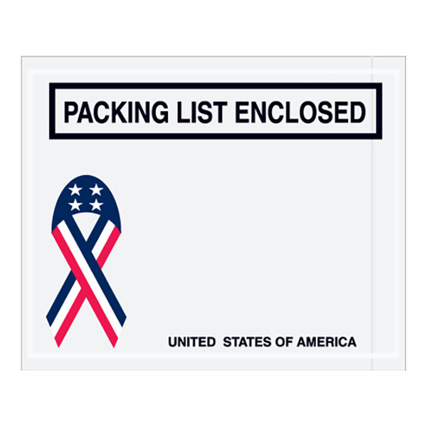 A white Lavex polyethylene envelope with the words "packing list enclosed" and a red, white, and blue ribbon.