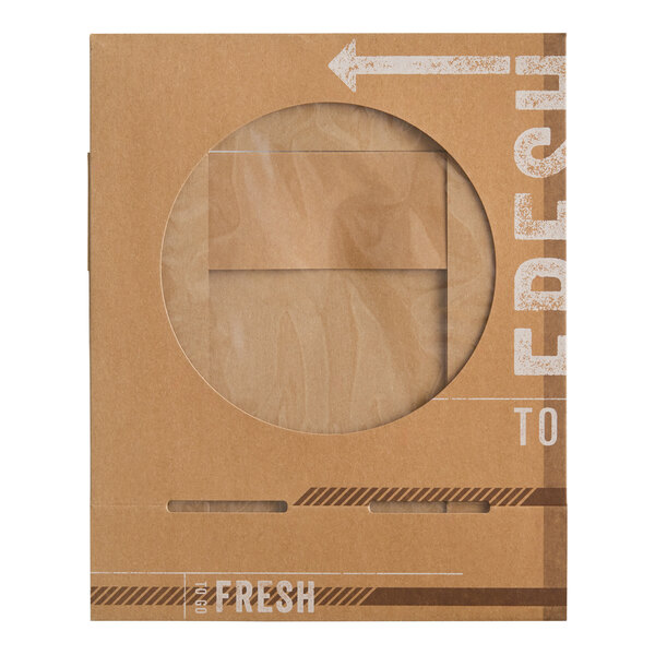 A brown cardboard pie box with a transparent circle in the middle.