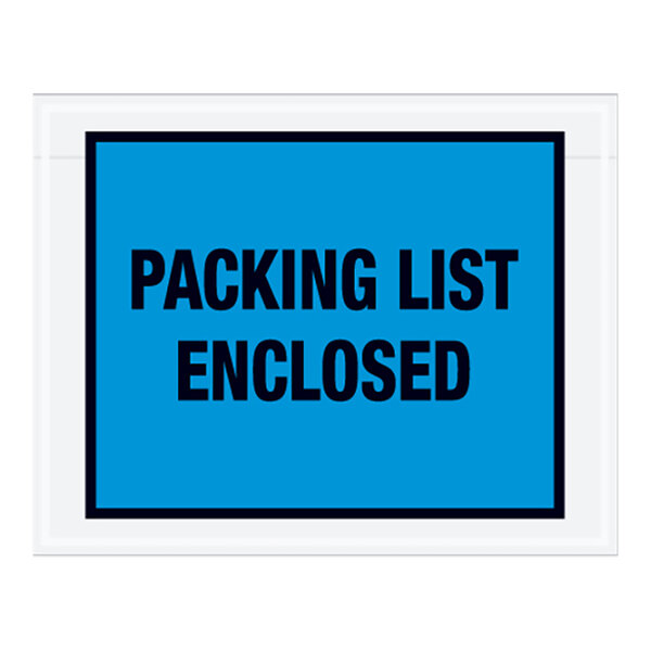 A blue sign with black letters that says "Packing List Enclosed"