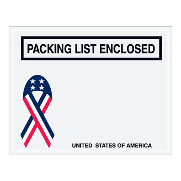 A white rectangular envelope with black text reading "Packing List Enclosed" and a USA ribbon.