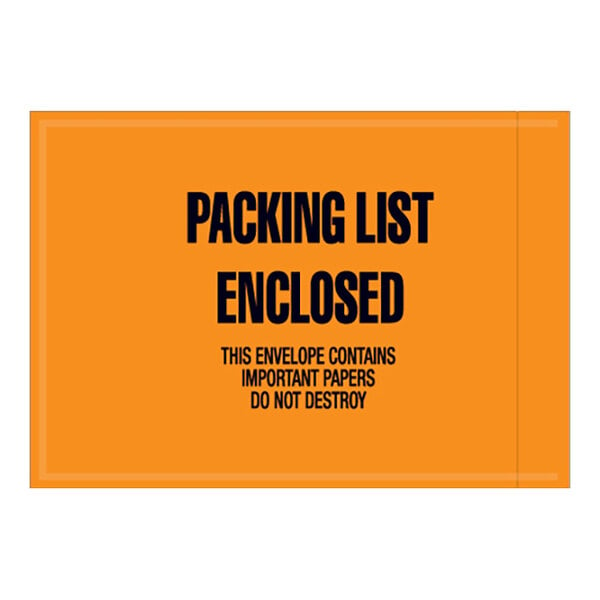 An orange Lavex Polyethylene packing list enclosed envelope with black text.