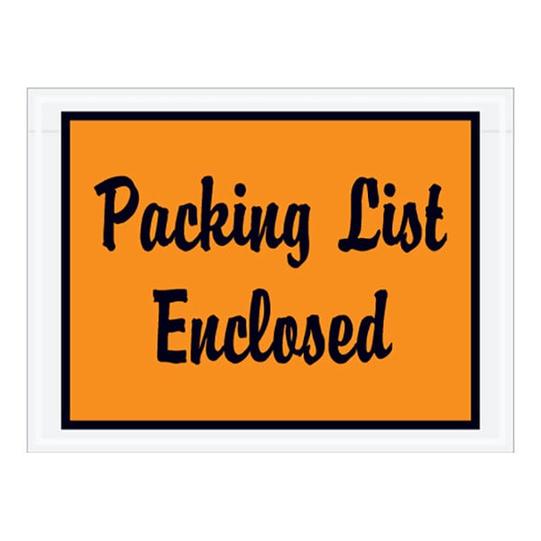 A Lavex orange polyethylene envelope with black text that says "Packing List Enclosed"