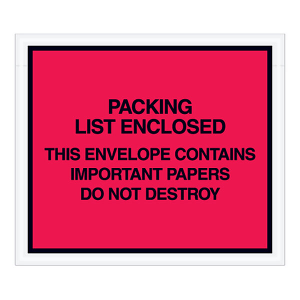 A red Lavex full face packing list envelope with black text that reads "Packing List Enclosed"