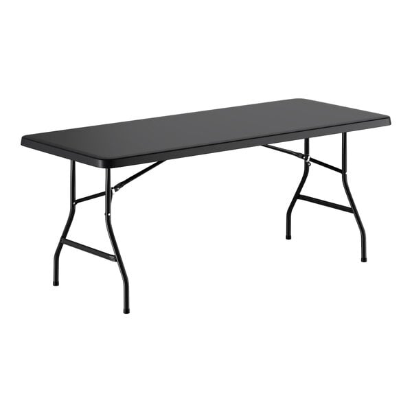 A rectangular black heavy-duty blow molded plastic folding table with black metal legs.