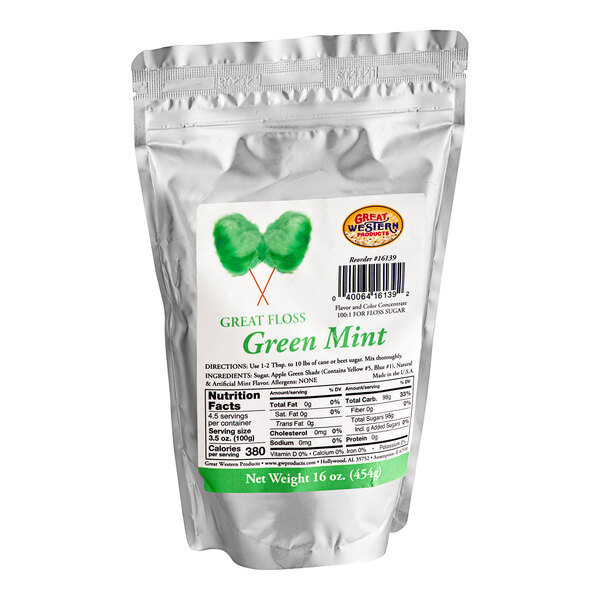 A Great Western 1 lb. container of mint green cotton candy sugar.