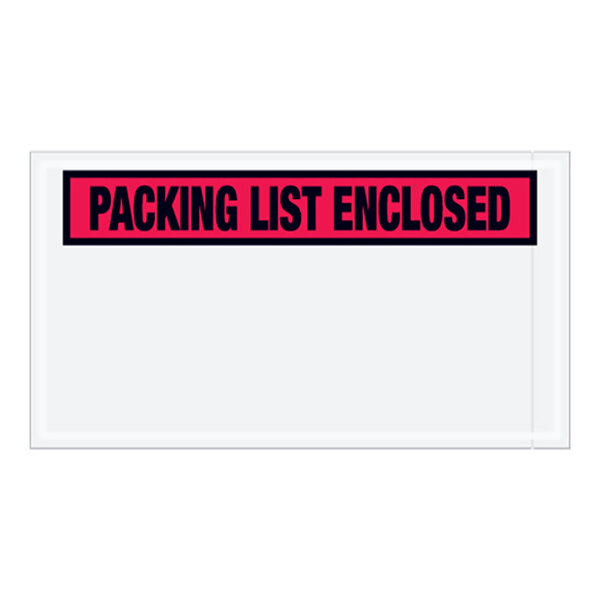 A white rectangular envelope with a red panel and black text that reads "Packing List Enclosed"