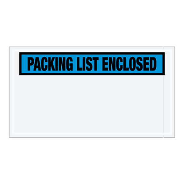 A blue rectangular Lavex polyethylene packing list envelope with black text and a white panel that says "Packing List Enclosed"