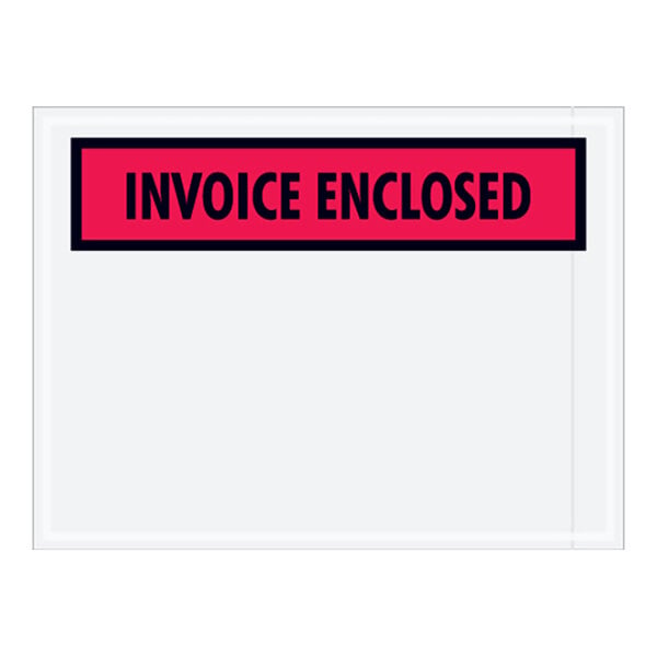 A white rectangular envelope with a pink rectangular sign reading "Invoice Enclosed" in black letters.