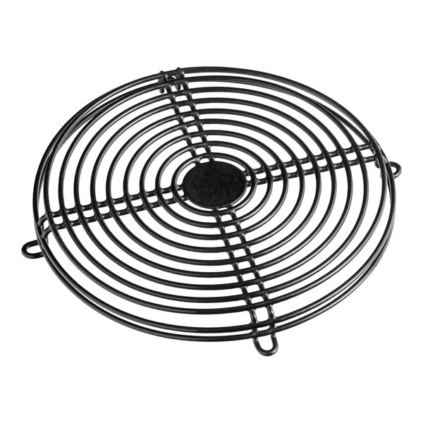 A black metal circular fan cage with a grid of holes.