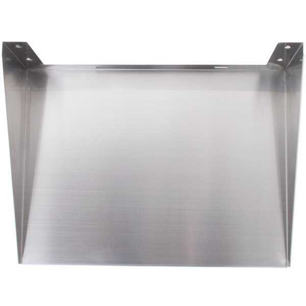 A stainless steel wall mount shelf with holes in the surface.