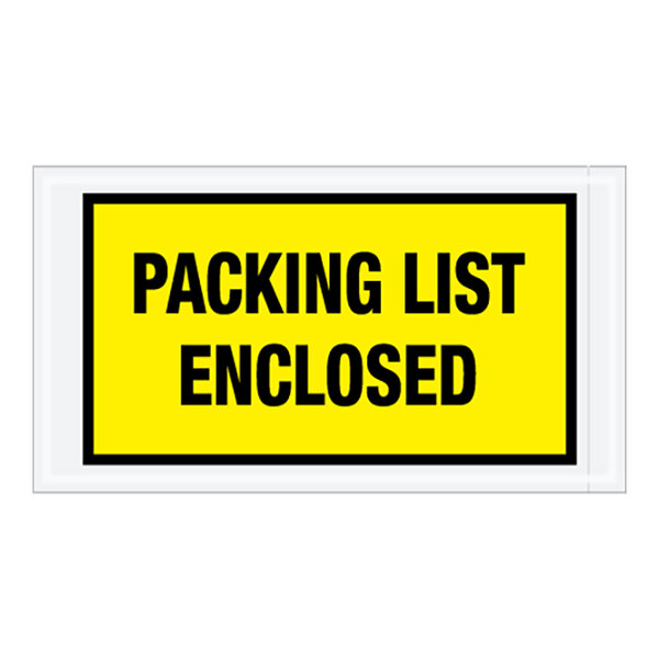 A yellow Lavex packing list envelope with black text that says "Packing List Enclosed"