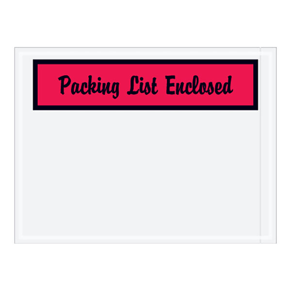 A white envelope with a pink panel and black text that says "Packing List"