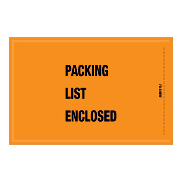 An orange rectangular Lavex packing list envelope with black text.