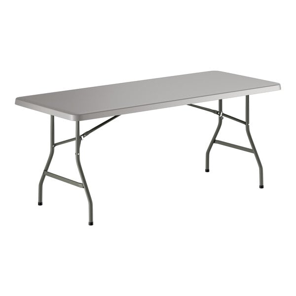 A rectangular gray heavy-duty plastic folding table with gray metal legs.