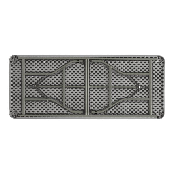 A rectangular gray heavy-duty blow molded plastic folding table with gray legs, shown from the underside.