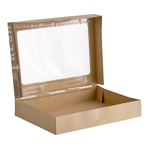 A Kraft cardboard donut box with a clear window on top.