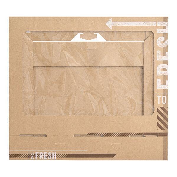 An Innopak Kraft cardboard donut box with a transparent window on a counter.