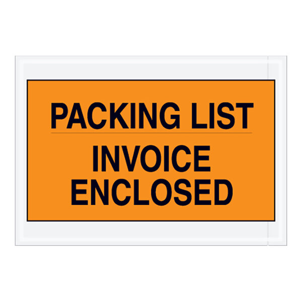 An orange and black label with black text that says "Packing List Invoice Enclosed" over a white background.