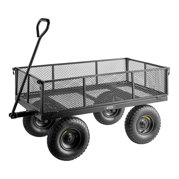 A black metal Lavex utility cart with mesh sides and four wheels.