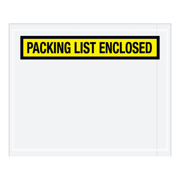 A white envelope with a yellow panel and black text reading "Packing List Enclosed"