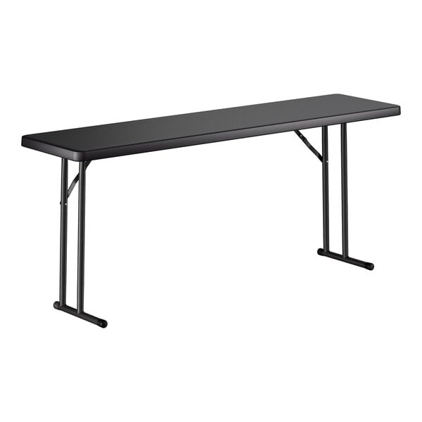 A black heavy-duty blow molded plastic folding table with black metal legs.