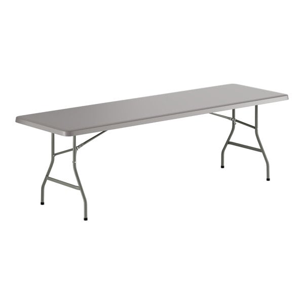 A large rectangular gray folding table with gray metal legs.