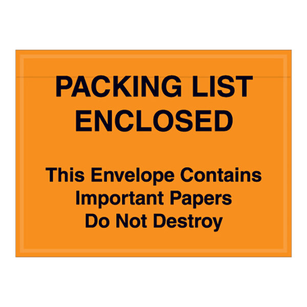 A close-up of a black and orange sign with black text that reads "Packing List Enclosed"