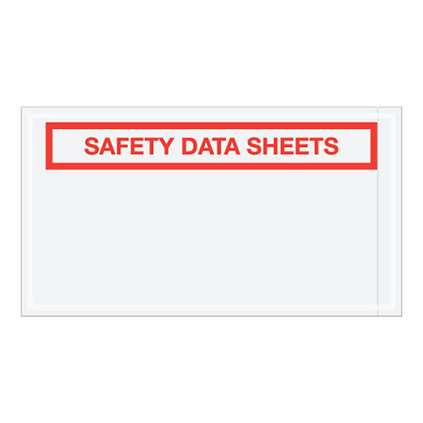 A white rectangular envelope with a clear panel and red text reading "Safety Data Sheets"