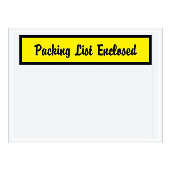 A yellow envelope with a white panel and black packing list script.