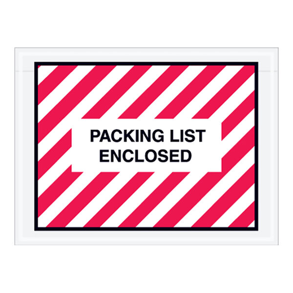 A close up of a red and white striped Lavex packing list envelope.