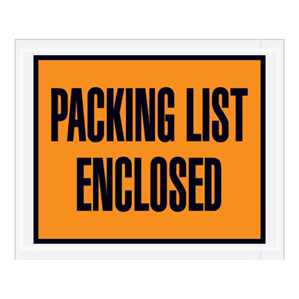 A black and orange sign with the words "packing list enclosed" in blue letters.