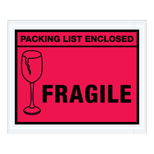 A red envelope with a pink and black "fragile" sign.