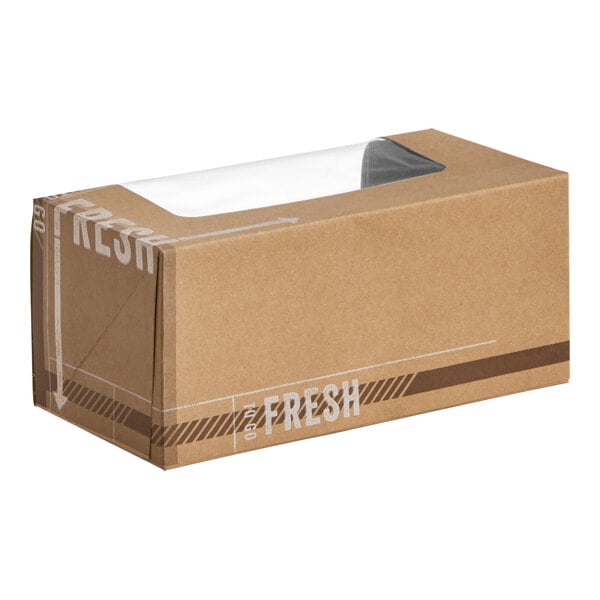 An Innopak kraft cardboard donut box with a clear window and the word "Fresh" on it.