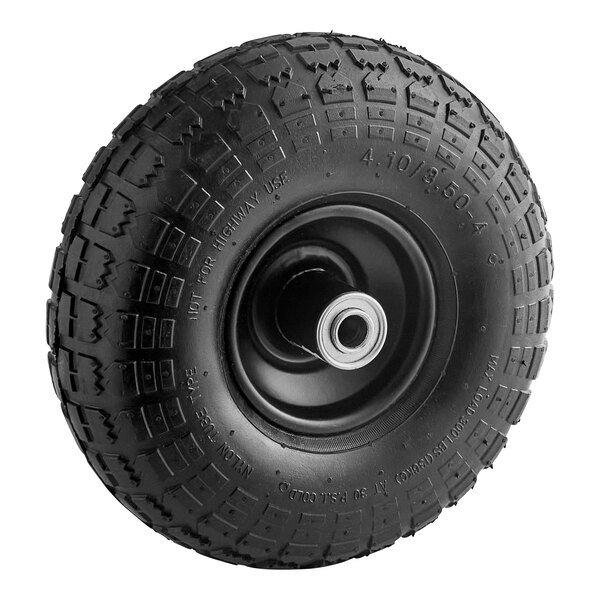A black Lavex pneumatic wheel with a metal center and white tire.