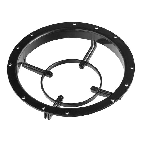 A black round metal bracket with holes.