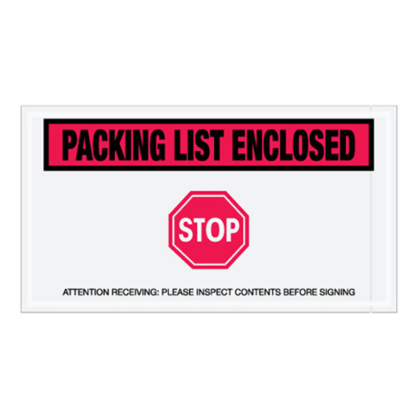 A red Lavex polyethylene packing list envelope with a white rectangular sign and a red stop sign with white text.