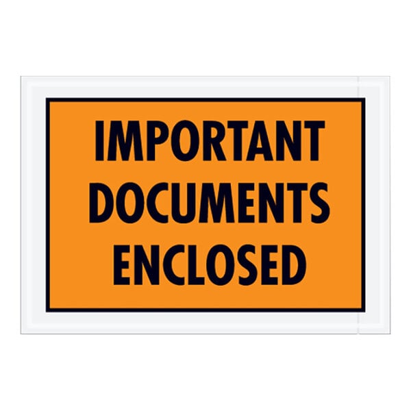 An orange sign with black text reading "Important Documents Enclosed"