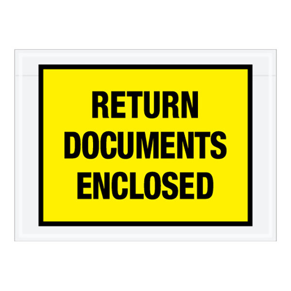 A yellow Lavex return documents enclosed envelope with black text.